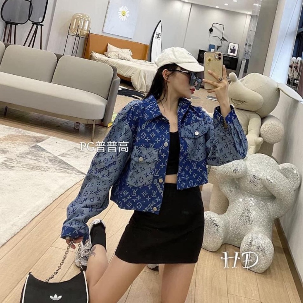 Denim jean jacket cropped lv print monogram